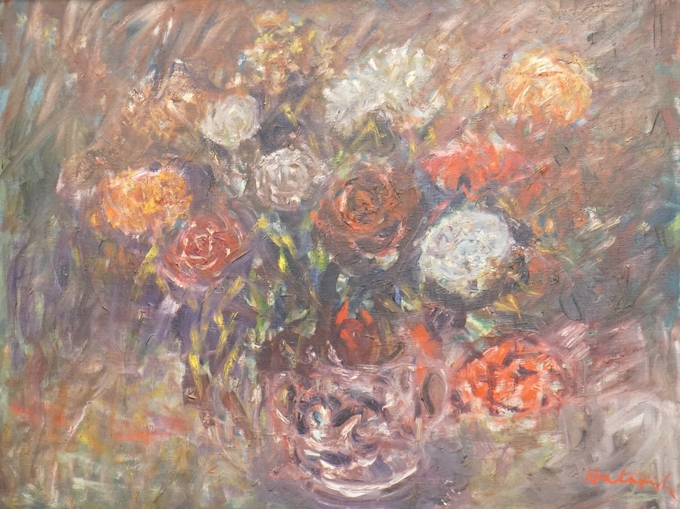 20th century, Continental still life of roses in a vase, indistinctly signed lower right, oil on canvas, 60 x 80cm, ornate gilt frame